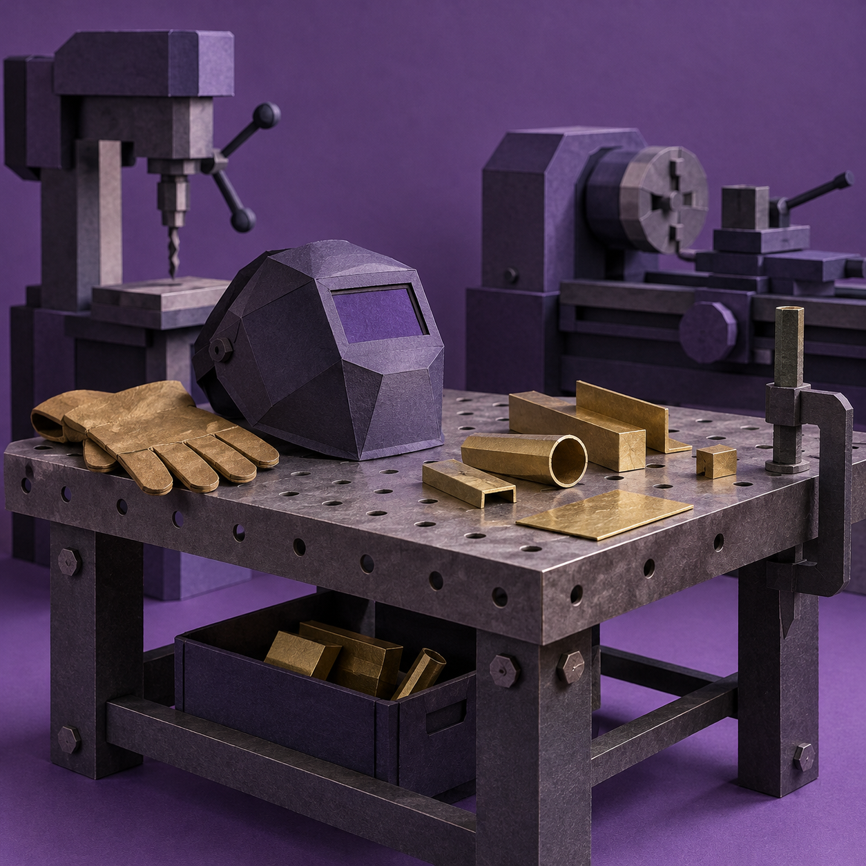 Illustration of small metal fabrication shop: a welding table with no active sparks, brass offcuts, closed machine tools