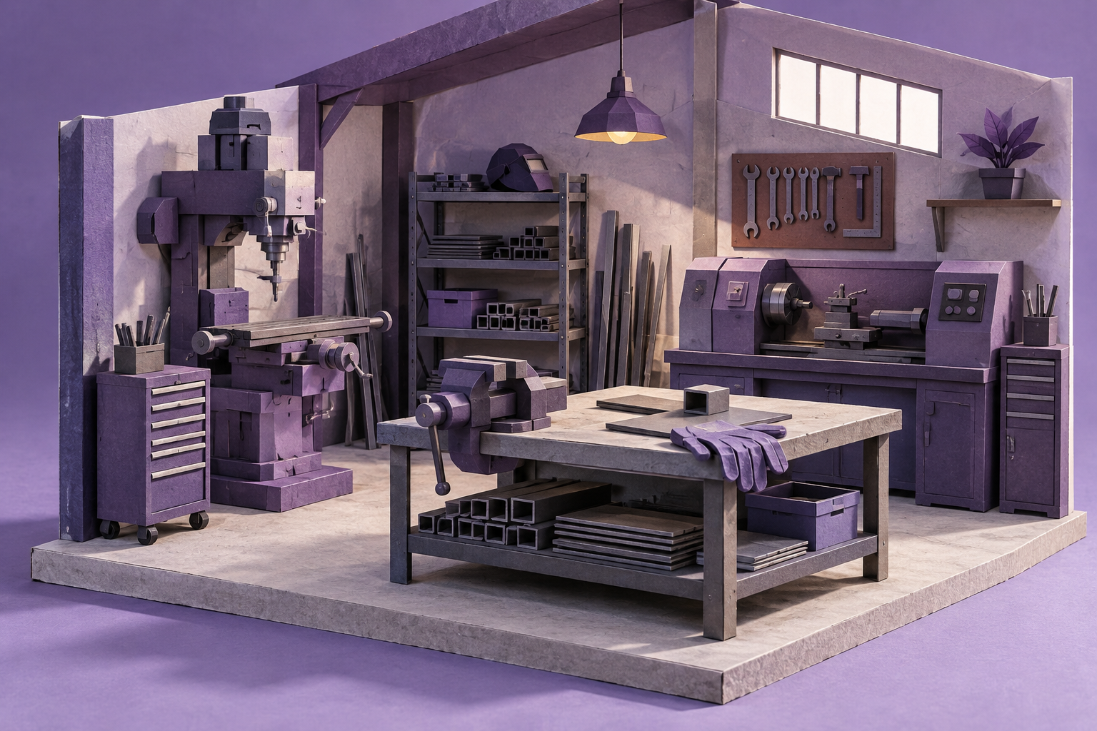 Illustration of small metal fabrication shop: closed machine tools, a steel vise, protective gloves