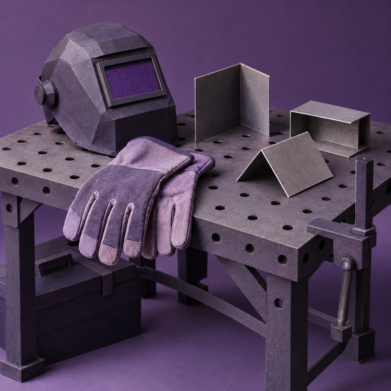 Illustration of small metal fabrication shop: protective gloves, folded steel samples, a welding table with no active sparks